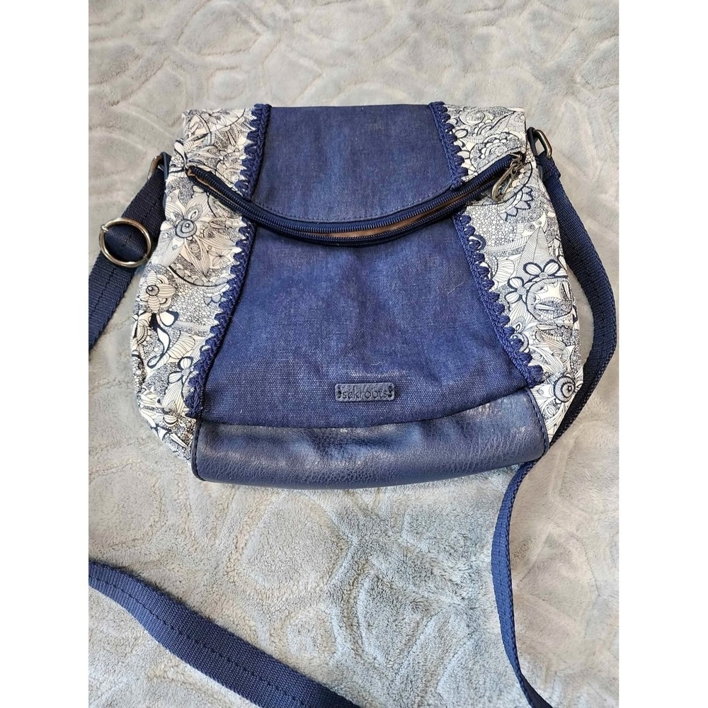 SAKROOTS Artist Circle Blue Denim Floral Canvas Fold-Over Crossbody Bag